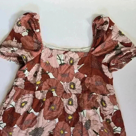 Ann Taylor Loft Coral Large Floral Poppy Square Neck Puff Sleeve Dress 4 - Picture 6 of 15